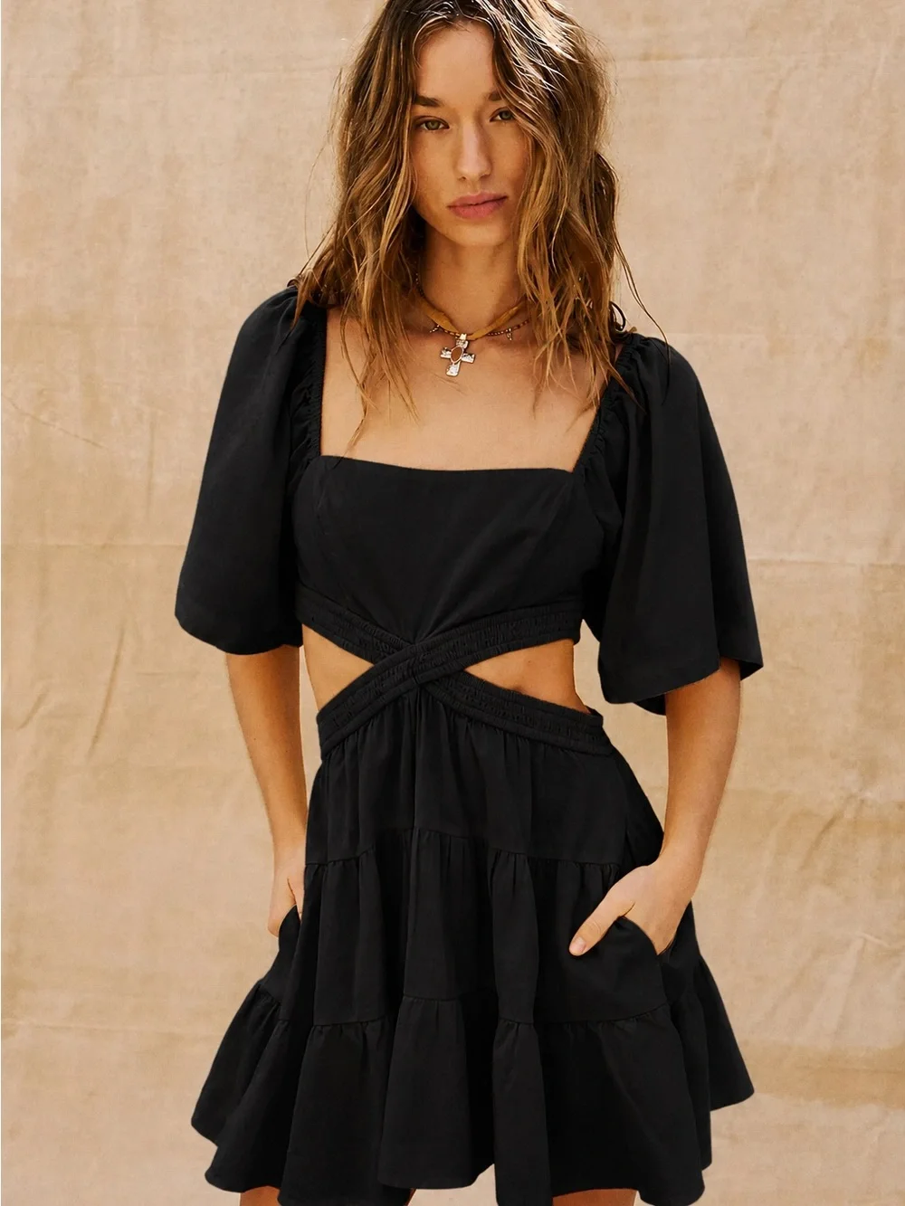 Free People Cross of Sunlight Black Cutout Mini Dress